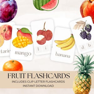 Cartes mémoire de fruits pour enfants, cartes mémoire Montessori, éducation préscolaire, fruits aquarelles, cartes mémoire de fruits imprimables, téléchargement numérique