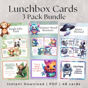 Lunchbox-Karten, Pack-Bundle, druckbare Scherz- und Affirmationsnotizen, Dschungel, Monster, Weltraum-Themen, Schulbrot-Unterhaltung Back to School