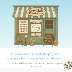 Puede incluir: Ilustraci&oacute;n de una tienda verde con un toldo a rayas, el texto "Cozy Little Printables" y "Digital Downloads for Kids". La tienda tiene un cuadro de alfabeto enmarcado y una mesa peque&ntilde;a con una silla.