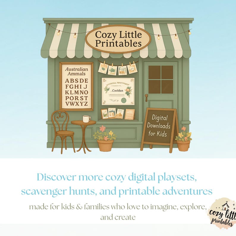 Puede incluir: Ilustraci&oacute;n de una tienda verde con un toldo a rayas, el texto "Cozy Little Printables" y "Digital Downloads for Kids". La tienda tiene un cuadro de alfabeto enmarcado y una mesa peque&ntilde;a con una silla.