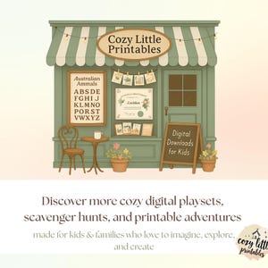 K&ouml;nnte beinhalten: Illustration eines gr&uuml;nen Ladens mit dem Text "Cozy Little Printables". Das Gesch&auml;ft hat ein Schild mit der Aufschrift "Digital Downloads for Kids". Es gibt auch ein Schild mit "Australian Ammals" mit dem Alphabet.