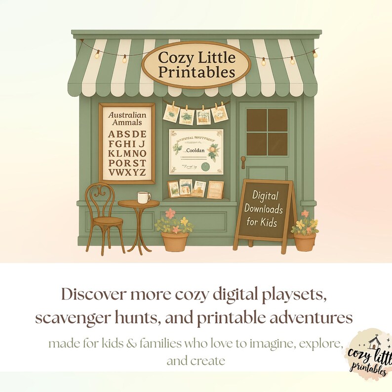 K&ouml;nnte beinhalten: Illustration eines gr&uuml;nen Ladens mit dem Text "Cozy Little Printables". Das Gesch&auml;ft hat ein Schild mit der Aufschrift "Digital Downloads for Kids". Es gibt auch ein Schild mit "Australian Ammals" mit dem Alphabet.