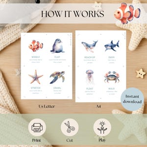 Puede incluir: Dos tarjetas ilustradas con criaturas marinas e instrucciones: "Wiggle", "Clap", "Reach Up", "Swim", "Stretch", "Crawl", "Float" y "Walk". El texto "How It Works" est&aacute; en la parte superior. Las tarjetas est&aacute;n etiquetadas como "Us Letter" y "A4."