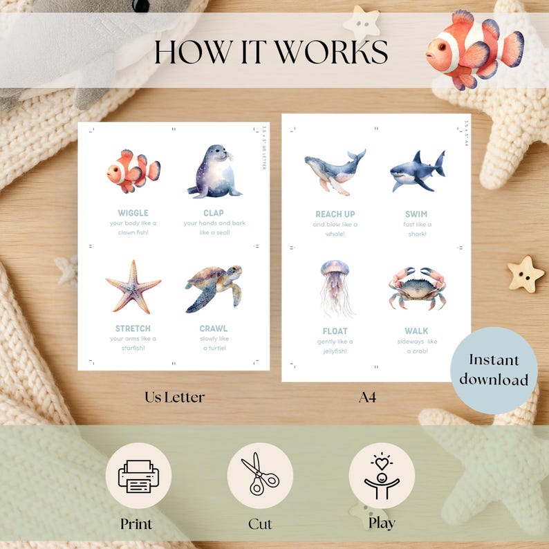 Puede incluir: Dos tarjetas ilustradas con criaturas marinas e instrucciones: "Wiggle", "Clap", "Reach Up", "Swim", "Stretch", "Crawl", "Float" y "Walk". El texto "How It Works" est&aacute; en la parte superior. Las tarjetas est&aacute;n etiquetadas como "Us Letter" y "A4."