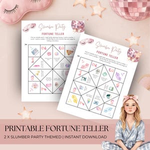 May include: Two printable fortune tellers with a slumber party theme. Each fortune teller features watercolor illustrations of sleep masks, pajamas, and other related items. The text on the fortune tellers reads "Slumber Party Fortune Teller". The bottom of the image reads "Printable Fortune Teller".