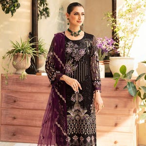 Black Salwar Kameez For Women Indian Pakistani Wedding Dress Bridesmaid Outfit Reception Suit Chiffon Embroidered Ethnic Custom Stitched USA