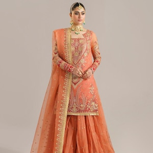 Orange Lehenga Choli Maxi Frock Pakistani Indian Wedding Dress Bridesmaid Outfit Reception Suit Organza Embroidered Clothes Party Wear USA