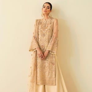 Golden Salwar Kameez Wedding Party Dress Pakistani Indian Clothes Bridal Wear Bridesmaid Suit Organza Heavy Embroidered Luxury Formal Outfit