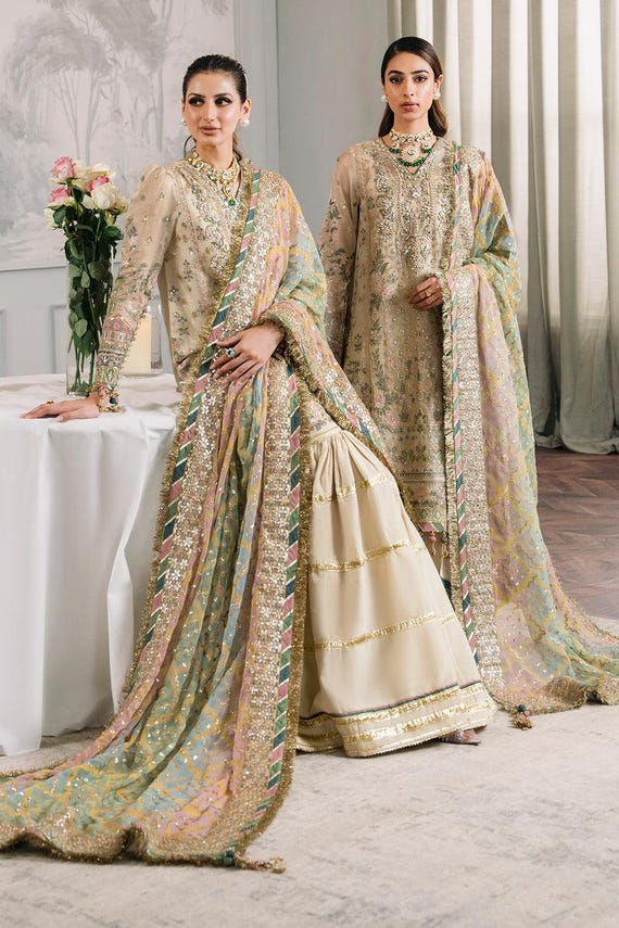 chiffon sharara dress Embroidered Chiffon Sharara Suit: Pakistani Indian Wedding Outfit Eid Dresses