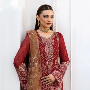 Maroon Salwar Kameez For Women Indian Pakistani Wedding Dress Bridesmaid Outfit Mehandi Reception Suit Chiffon Embroidered Custom Stitched