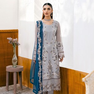 Grey Salwar Kameez For Women Indian Pakistani Wedding Dress Bridesmaid Outfit Reception Suit Chiffon Embroidered Ethnic Custom Stitched USA