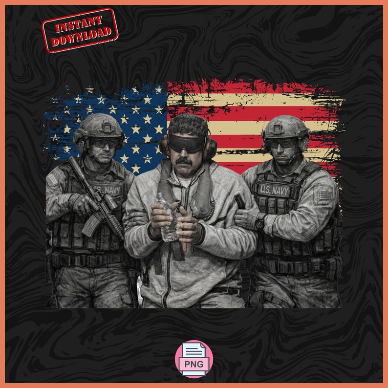 May include: Digital artwork featuring three U.S. Navy soldiers in combat gear, standing in front of a distressed American flag. One soldier is blindfolded and holding a water bottle. The image has a grunge aesthetic, with the words "INSTANT DOWNLOAD" in a red banner.