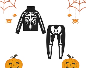 May include: Black skeleton Halloween costume set. The set includes a zip-up jacket and trousers, both with a white skeleton design. The image also includes two jack-o'-lanterns, spiderwebs, and spiders.