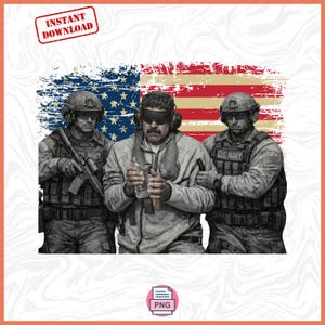 May include: Digital graphic featuring three figures in front of a distressed American flag. Two figures in military uniforms flank a man wearing a blindfold and holding a water bottle. The words "INSTANT DOWNLOAD" are in a red box.