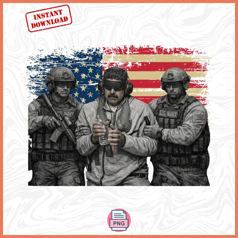 May include: Digital graphic featuring three figures in front of a distressed American flag. Two figures in military uniforms flank a man wearing a blindfold and holding a water bottle. The words "INSTANT DOWNLOAD" are in a red box.