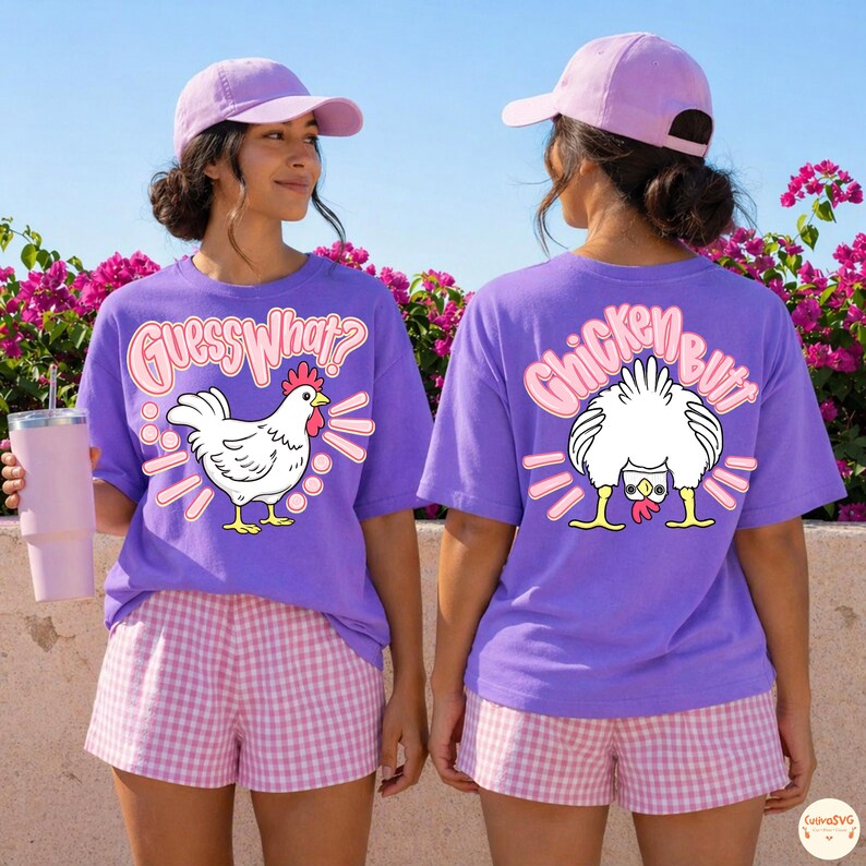 May include: Lilac t-shirts featuring a chicken design and the text "Guess What?" on the front and "Chicken Butt" on the back. The shirts are worn with pink and white gingham shorts and a lavender baseball cap.