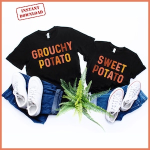 May include: Two black t-shirts with the phrases "GROUCHY POTATO" and "SWEET POTATO" in orange and yellow lettering. The shirts are paired with blue jeans, white sneakers, and a green plant. The words "INSTANT DOWNLOAD" are in a red box.