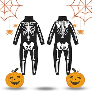 May include: Black skeleton-themed jumpsuit with white bone detailing, featuring a high collar and zipper. The front and back views are displayed. Halloween-themed with orange pumpkins and spider web decorations.