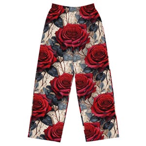 Ash Rose Wide-Leg Pants – Bold Red Rose Print | Eco Friendly Unisex Lounge Pants by Loud Clothing Co.