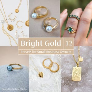 Puede incluir: Una colección de joyas de oro que incluye collares, anillos, pendientes y colgantes. Las joyas se muestran en una variedad de superficies, incluyendo tela blanca, una mesa de madera y una superficie de mármol blanco. Las joyas están todas hechas de oro y presentan una variedad de diseños, incluyendo corazones, estrellas y formas geométricas. El texto "Bright Gold 12 Presets for Small Business Owners" se muestra en un fondo marrón.