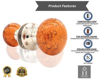 Pomos de puerta de latón, grandes pomos de vidrio, latón macizo, acabado cromado, juego de 2. Pomo de puerta de vidrio con burbujas color ámbar.