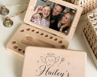 Beech Wood Tooth Fairy Box, Baby Teeth Keepsake Organizer with Personalized Name