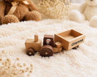 Engraved Name Tractor, First Birthday Gift, Custom Car for Kids, Personalized Wooden Toy Car