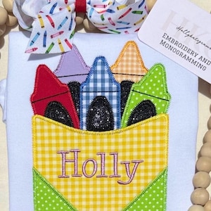 Girls Crayon Box Applique Custom First Day of School Embroidery Shirt