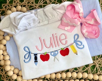 Girl Apple Pencil School Supplies Bow Swag Embroidery Custom Personalized Shirt