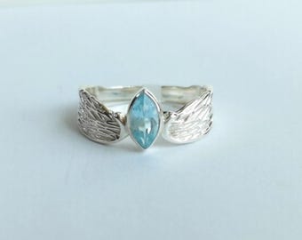 Marquise Sky Blue Topaz Ring Sterling Silver, size 9, Wing Design, Decemeber Birthstone, Gift for her