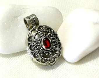 Sterling Silver Garnet Locket Pendant, Prayer Scroll Box, Poison Box, Memorial Ash Keepsake, Vintage Garnet Jewelry Gift, Pet