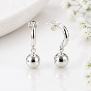 8mm Sterling silver Ball Drop on Crescent Earrings, Minimalist Sphere Dangle Earrings, Everyday Classic Jewelry
