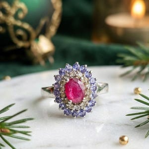 Natural Ruby Cocktail Ring Tanzanite Peridot Halo, 14k White Gold Silver Cluster Ring  Size 7.5, Luxury Christmas Gift, Anniversary Ring