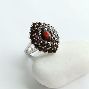 May include: A silver ring featuring a large, central oval-cut dark red garnet stone surrounded by multiple smaller, round-cut dark red garnet stones in a cluster setting. The metal band is polished silver, showcasing a multi-layered floral design.