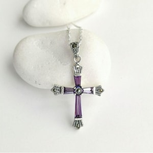 Pendentif Ancien Croix Religieuse En Argent Massif Avec Marcassites Et Améthystes - Bijou Vintage Occasion