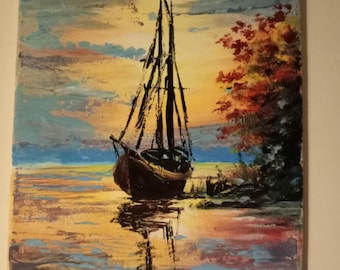 Pintura de barco antiguo, pintura acrílica sobre lienzo, para regalo, miniatura.