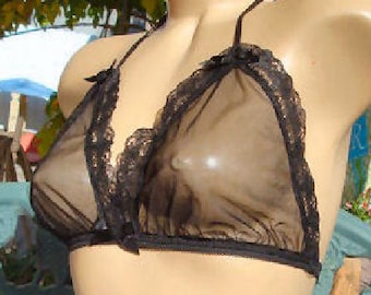 BLACK  Halter Bra Sheer Nylon Chiffon with Lace