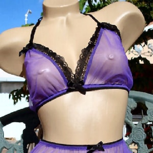 PURPLE Halter Bra Sheer Nylon Chiffon with Lace