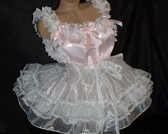 Vestido SLIP de satén para muñeca bebé Sissy para adulto con falda de organza y mucho encaje