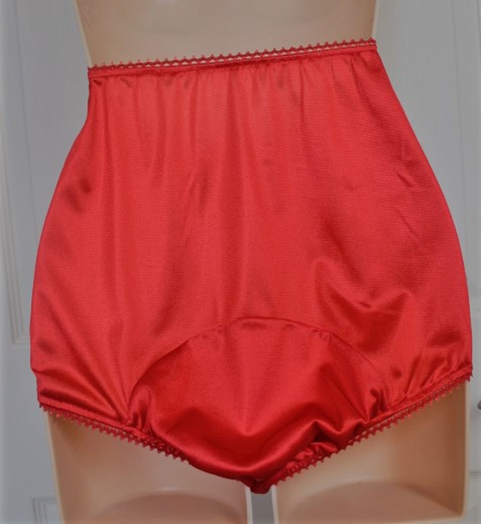 Red Nylon Tricot Panties With Very Large Mushroom Double Nylon Gusset Adult Sissy Retro Vintage