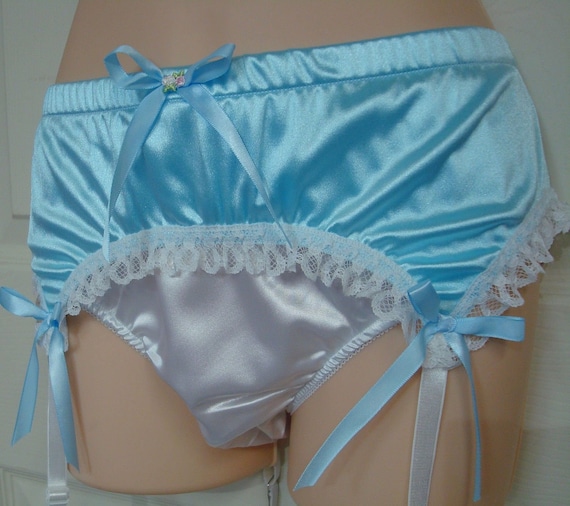 Adult Sissy 4 Strap Lt. Blue  White Garter belt - SATIN & LACE -