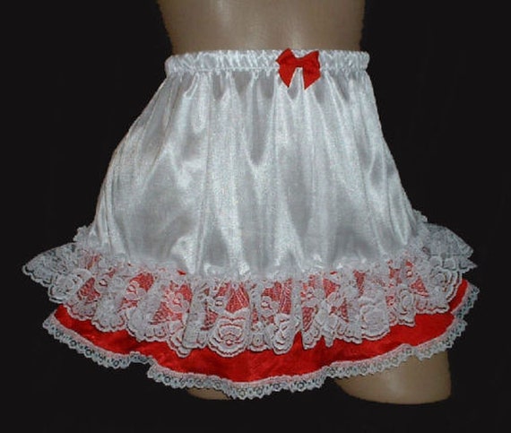 Skirt White & Red Ruffle Adult Sissy Vintage inspired Slip Skirt 14" Long