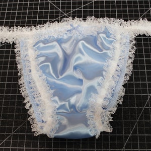 Double Satin Layer Brazilian String Tanga in Sissy Lt Blue  Ruffles