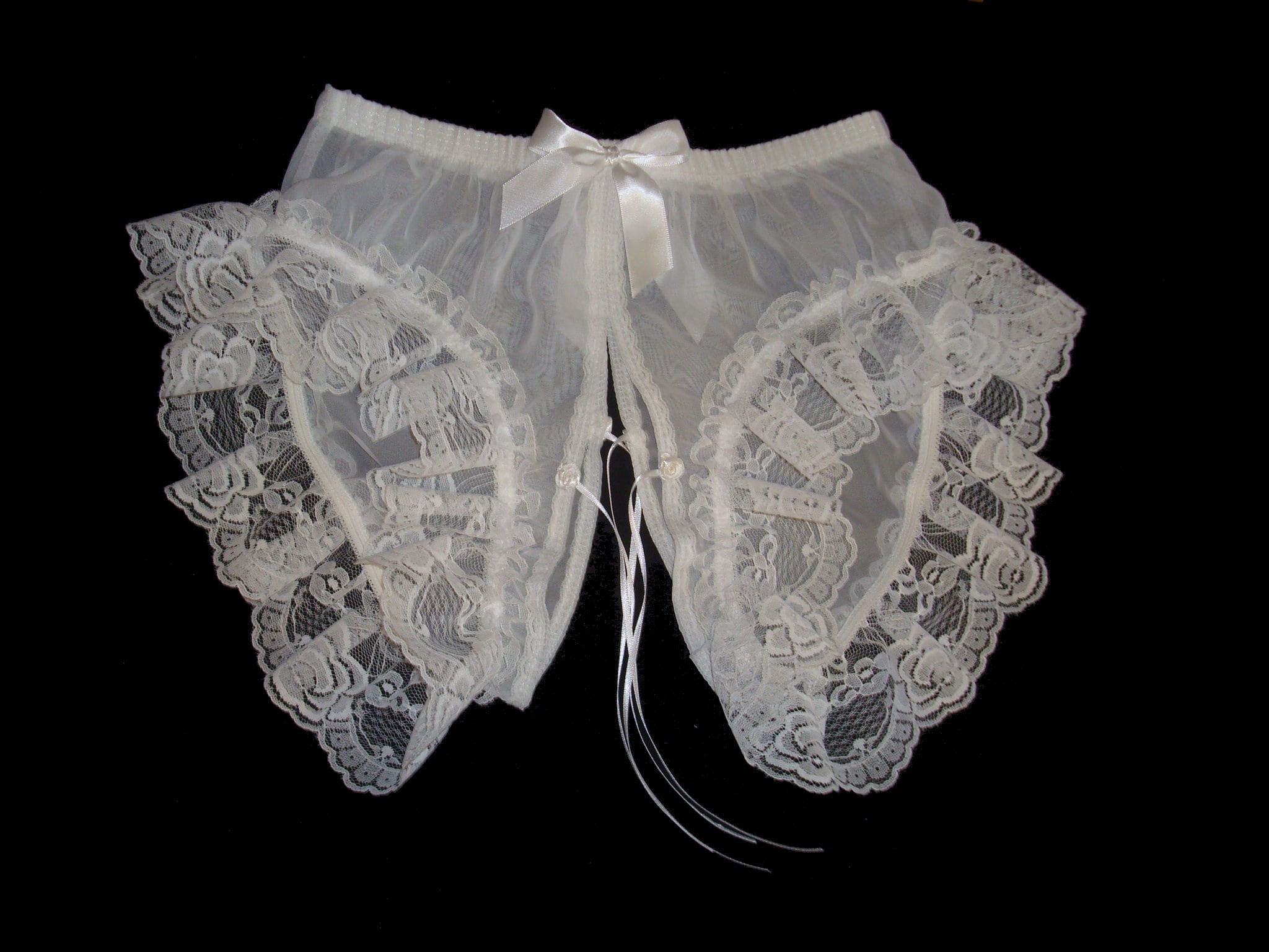Adult Sissy Polyester Chiffon Open Crotch Panties Very Frilly In Lace