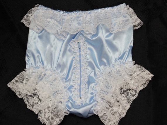 Baby Blue Adult Sissy SATIN Full Cut Panties - Cross Dresser - Zipper Front & Lace