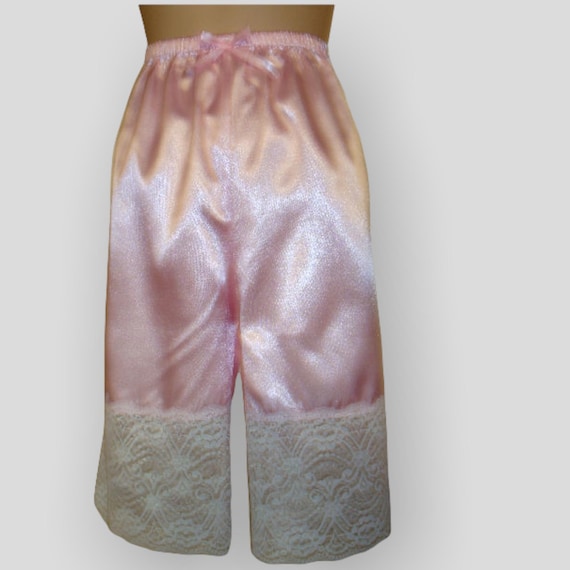 Pink Satin Adult sissy knee length SATIN BLOOMERS with wide lace trim - SLIP bloomers