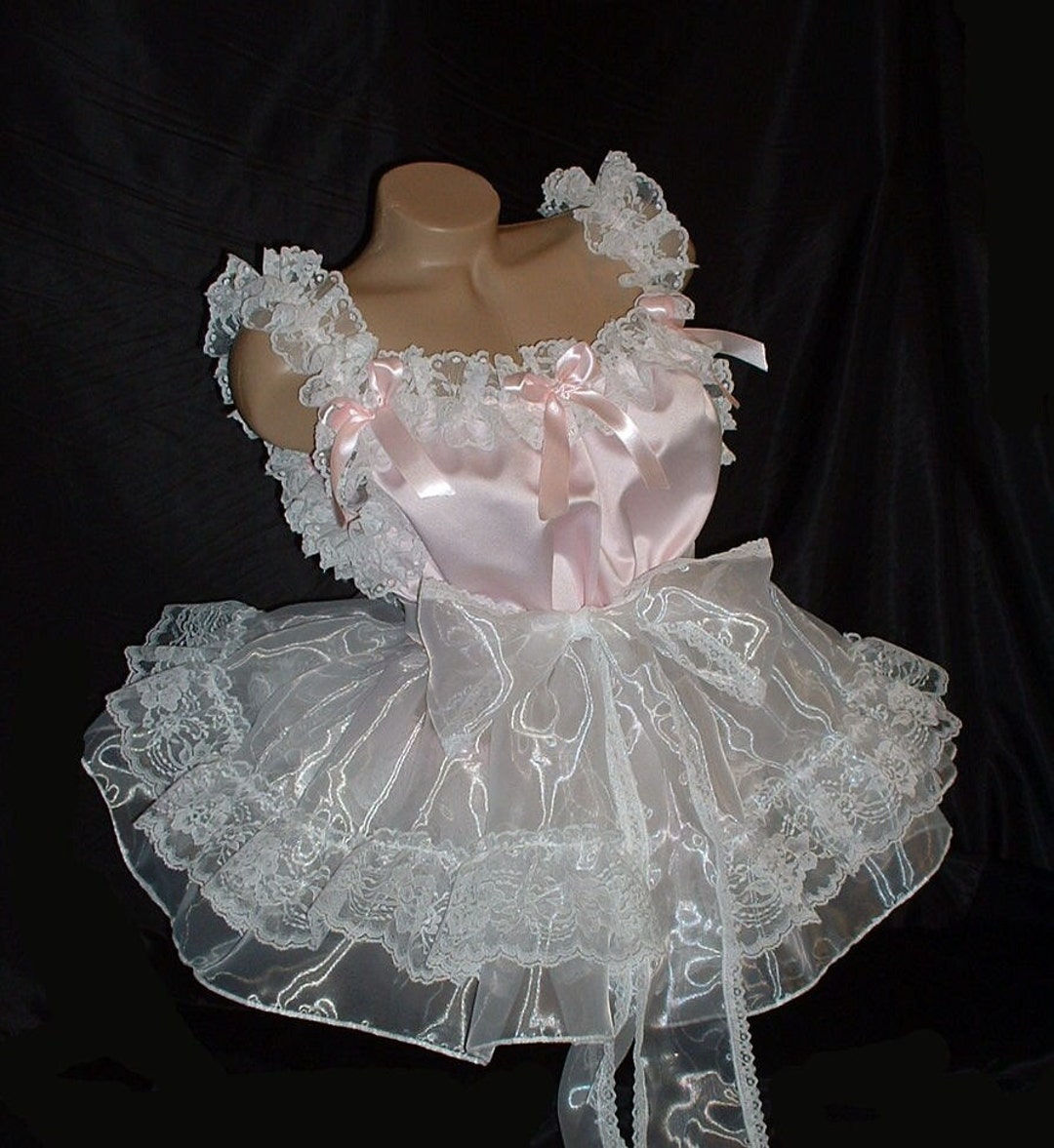Adulte Sissy Baby Doll Satin SLIP Robe w / Jupe Organza and