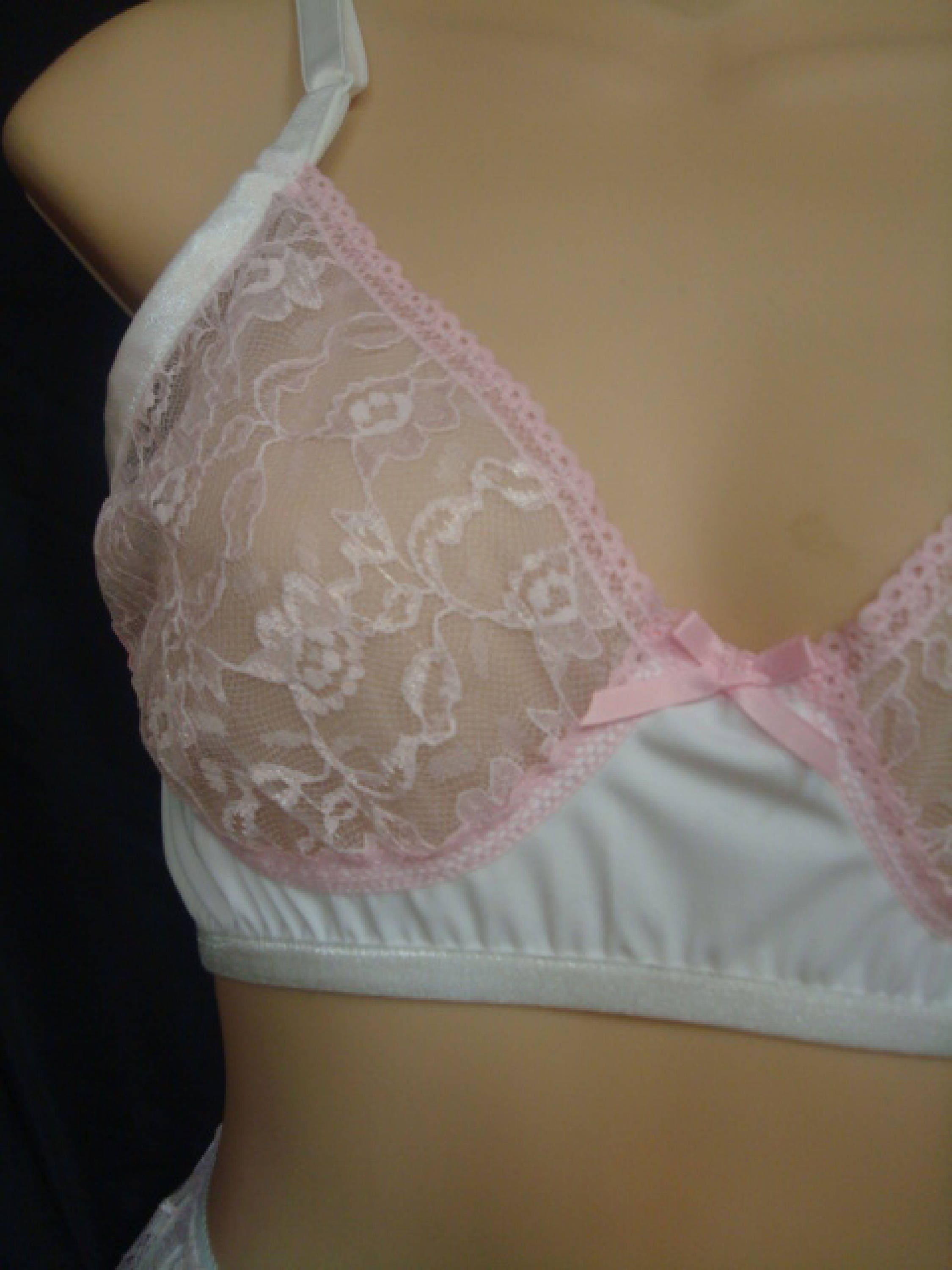 Candy Pink Sheer Nylon Chiffon BRA With Lace Adult Sissy Cross