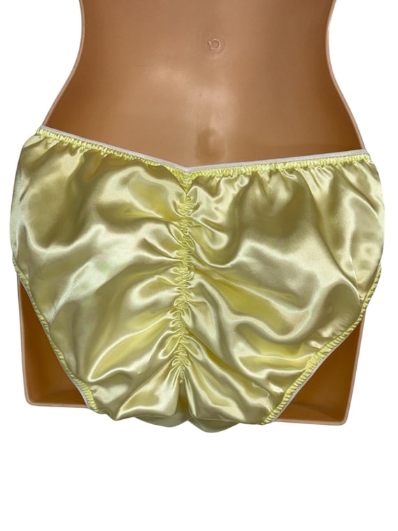 Yellow Adult Sissy High Leg Beautiful Rushed Back Charmeuse satin panties