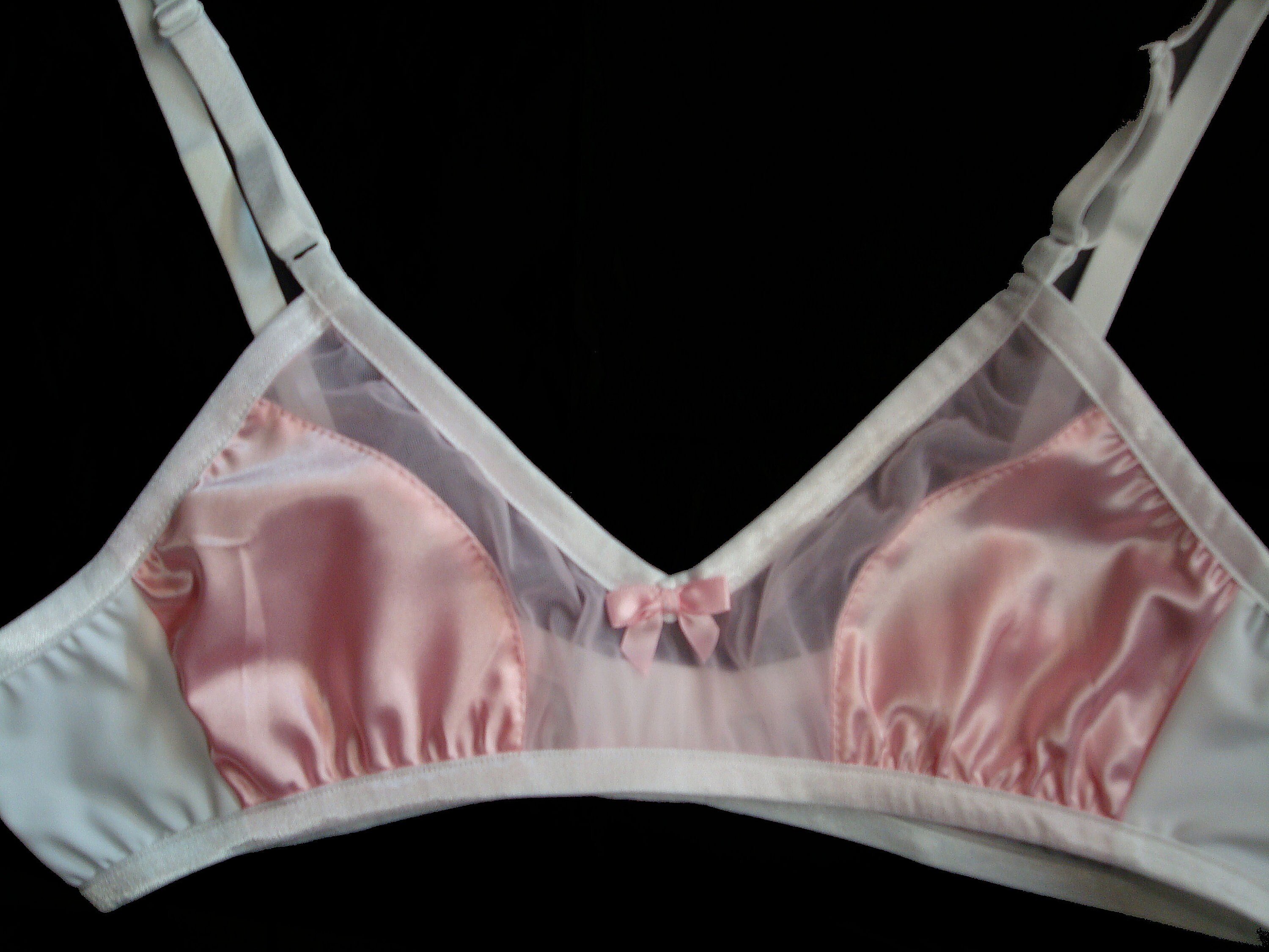 Adult Sissy Handmade PINK Satin w/ sheer front cross dresser BRA